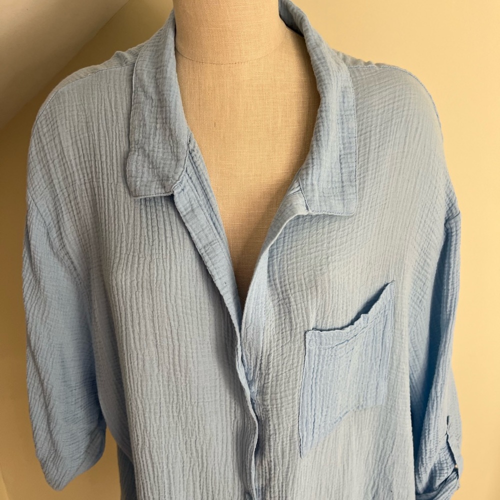 Light Blue Crinkle Button-Front Women's Swim Coverup - Picture 2 of 8